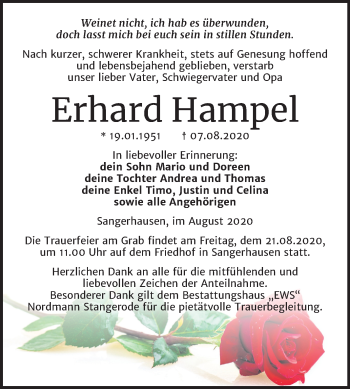 Traueranzeige von Erhard Hampel von Wochenspiegel Sangerhausen