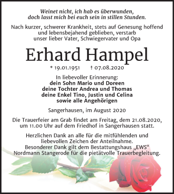 Traueranzeige von Erhard Hampel von Mitteldeutsche Zeitung Sangerhausen