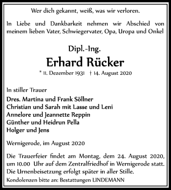 Traueranzeige von Erhard Rücker von Mitteldeutsche Zeitung Quedlinburg