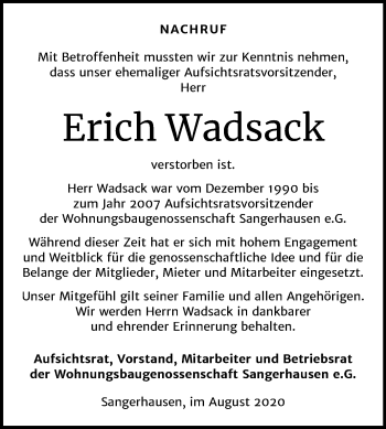 Traueranzeige von Erich Wadsack von Super Sonntag Sangerhausen