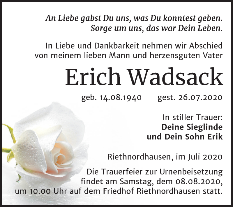  Traueranzeige für Erich Wadsack vom 01.08.2020 aus Super Sonntag Sangerhausen