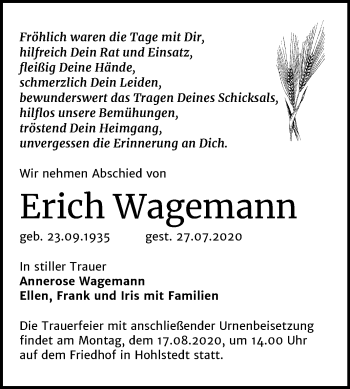 Traueranzeige von Erich Wagemann von Super Sonntag Sangerhausen