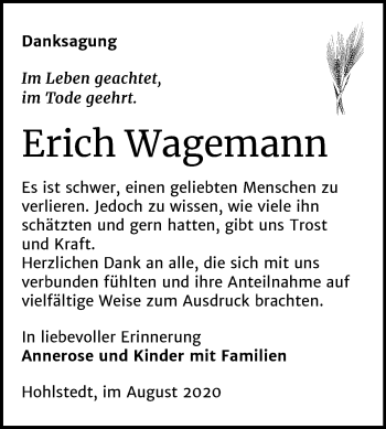Traueranzeige von Erich Wagemann von Mitteldeutsche Zeitung Sangerhausen