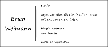 Traueranzeige von Erich Weimann von Mitteldeutsche Zeitung Bitterfeld