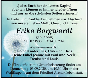 Traueranzeige von Erika Borgwardt von Mitteldeutsche Zeitung Aschersleben