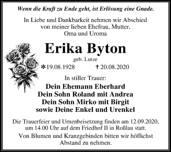 Traueranzeige von Erika Byton von Mitteldeutsche Zeitung Dessau-Roßlau