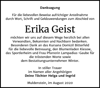 Traueranzeige von Erika Geist von Wochenspiegel Bitterfeld