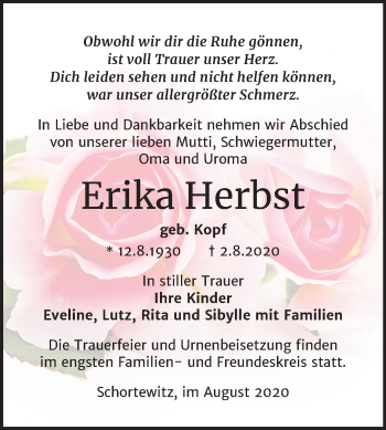 Traueranzeige von Erika Herbst von Mitteldeutsche Zeitung Köthen