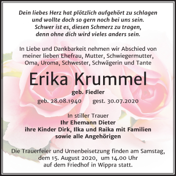 Traueranzeige von Erika Krummel von Super Sonntag Sangerhausen