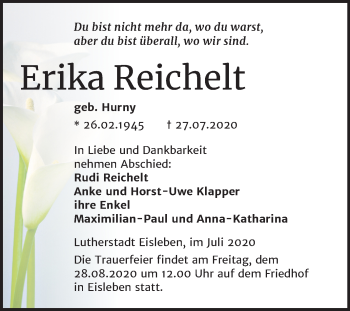 Traueranzeige von Erika Reichelt von Mitteldeutsche Zeitung Mansfelder Land