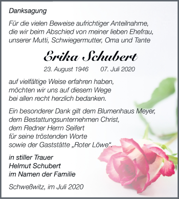 Traueranzeige von Erika Schubert von Wochenspiegel Weißenfels