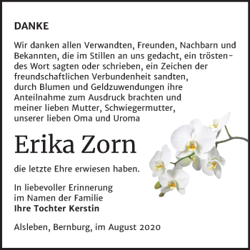 Traueranzeige von Erika Zorn von Mitteldeutsche Zeitung Bernburg