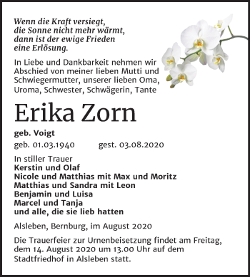 Traueranzeige von Erika Zorn von Mitteldeutsche Zeitung Bernburg