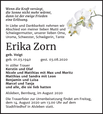 Traueranzeige von Erika Zorn von Super Sonntag Bernburg