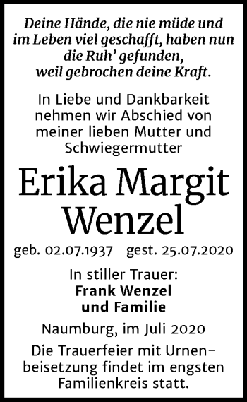 Traueranzeige von Erika Margit Wenzel von Mitteldeutsche Zeitung Naumburg/Nebra
