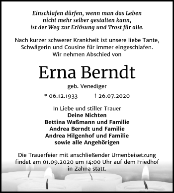 Traueranzeige von Erna Berndt von Mitteldeutsche Zeitung Wittenberg
