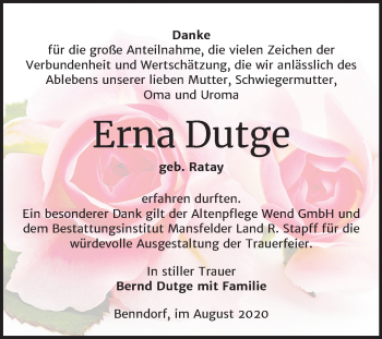 Traueranzeige von Erna Dutge von Mitteldeutsche Zeitung Mansfelder Land