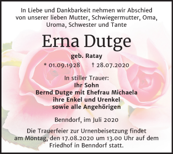 Traueranzeige von Erna Dutge von Mitteldeutsche Zeitung Mansfelder Land
