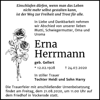 Traueranzeige von Erna Herrmann von Mitteldeutsche Zeitung Wittenberg