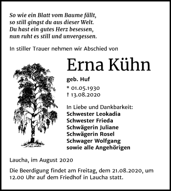 Traueranzeige von Erna Kühn von Mitteldeutsche Zeitung Naumburg/Nebra