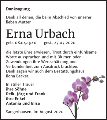 Traueranzeige von Erna Urbach von Super Sonntag Sangerhausen