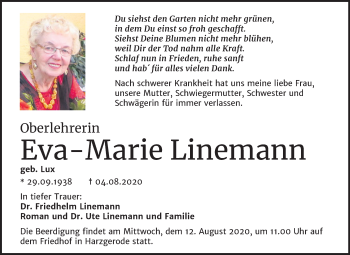 Traueranzeige von Eva-Marie Linemann von Super Sonntag Aschersleben / Quedlinburg
