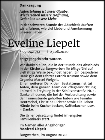 Traueranzeige von Eveline Liepelt von Mitteldeutsche Zeitung Weißenfels