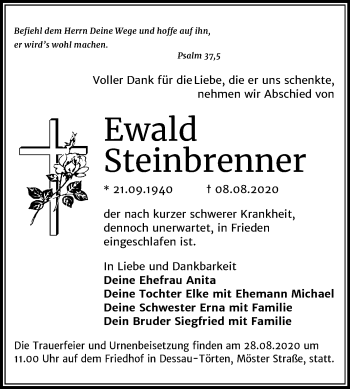 Traueranzeige von Ewald Steinbrenner von Mitteldeutsche Zeitung Dessau-Roßlau