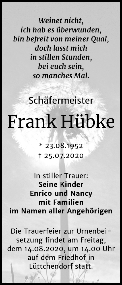  Traueranzeige für Frank Hübke vom 01.08.2020 aus Mitteldeutsche Zeitung Mansfelder Land