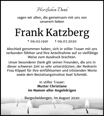Traueranzeige von Frank Katzberg von Wochenspiegel Naumburg/Nebra