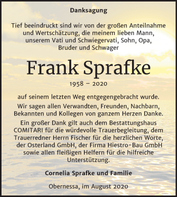 Traueranzeige von Frank Sprafke von Super Sonntag Weißenfels