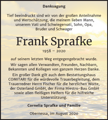 Traueranzeige von Frank Sprafke von Mitteldeutsche Zeitung Weißenfels