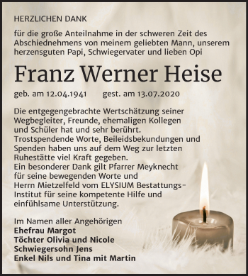 Traueranzeige von Franz Werner Heise von Mitteldeutsche Zeitung Halle/Saalkreis