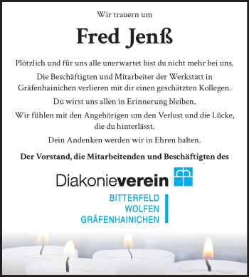 Traueranzeige von Fred Jenß von Wochenspiegel Wittenberg