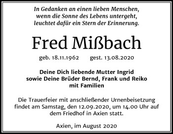 Traueranzeige von Fred Mißbach von Mitteldeutsche Zeitung Wittenberg