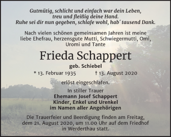Traueranzeige von Frieda Schappert von Mitteldeutsche Zeitung Halle/Saalkreis / Köthen
