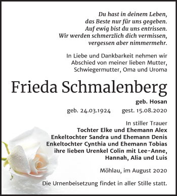 Traueranzeige von Frieda Schmalenberg von Mitteldeutsche Zeitung Wittenberg