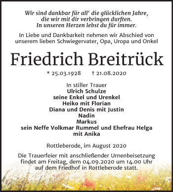 Traueranzeige von Friedrich Breitrück von Mitteldeutsche Zeitung Sangerhausen