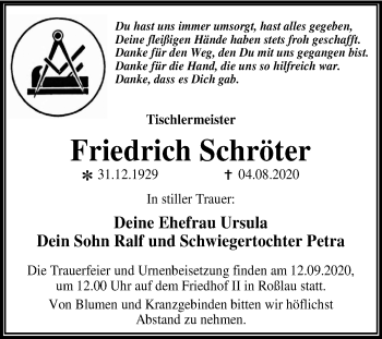 Traueranzeige von Friedrich Schröter von Super Sonntag Dessau-Roßlau