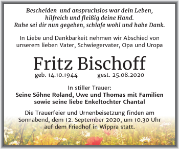 Traueranzeige von Fritz Bischoff von Mitteldeutsche Zeitung Sangerhausen
