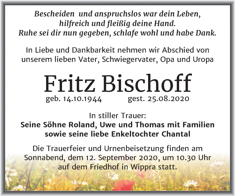  Traueranzeige für Fritz Bischoff vom 29.08.2020 aus Mitteldeutsche Zeitung Sangerhausen