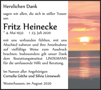 Traueranzeige von Fritz Heinecke von Mitteldeutsche Zeitung Quedlinburg