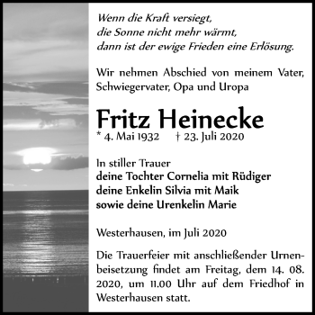 Traueranzeige von Fritz Heinecke von Super Sonntag Quedlinburg