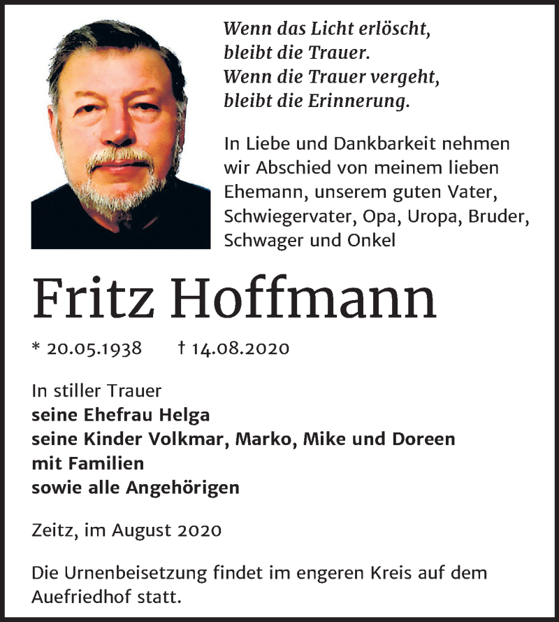 Traueranzeigen Von Fritz Hoffmann Www Abschied Nehmen De