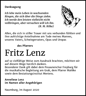 Traueranzeige von Fritz Lenz von Mitteldeutsche Zeitung Naumburg/Nebra