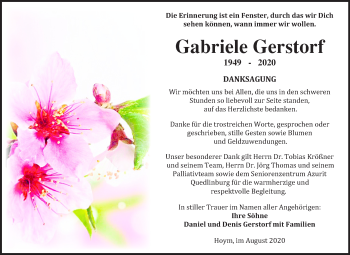Traueranzeige von Gabriele Gerstorf von Super Sonntag Aschersleben / Quedlinburg