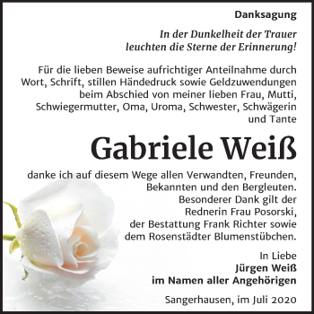 Traueranzeige von Gabriele Weiß von Super Sonntag Sangerhausen