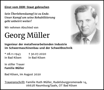 Traueranzeige von Georg Müller von Mitteldeutsche Zeitung Naumburg/Nebra