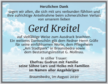 Traueranzeige von Gerd Kreitel von Wochenspiegel Naumburg/Nebra