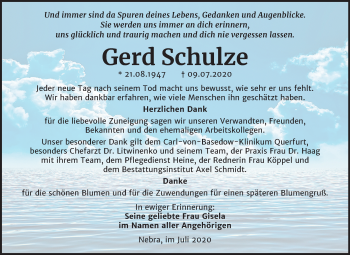 Traueranzeige von Gerd Schulze von Wochenspiegel Naumburg/Nebra